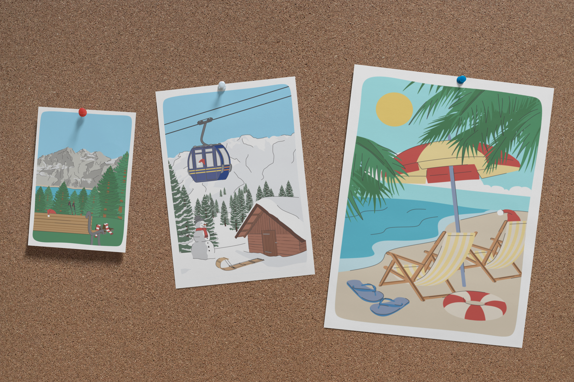 Vier Wichtel Postkarten mit Urlaubsgrüßen