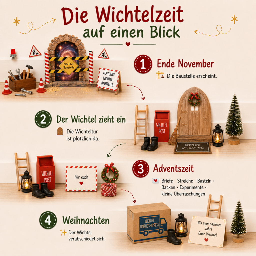 nfografik zum Ablauf der Wichtelzeit: Ende November erscheint die Wichtel-Baustelle, anschließend zieht der Wichtel mit Wichteltür ein. In der Adventszeit folgen Wichtelbriefe, Streiche, Bastelideen, Backen, Experimente und kleine Überraschungen. Zu Weihnachten verabschiedet sich der Wichtel bis zum nächsten Jahr.