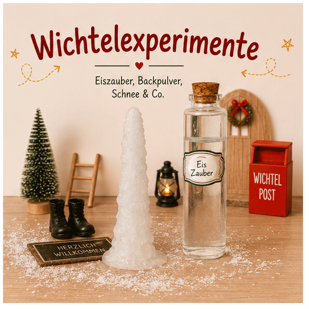 Wichtelexperimente für Kinder mit Eiszauber, Schnee und Backpulver – einfache Experimente rund um die Wichteltür für eine magische Adventszeit.